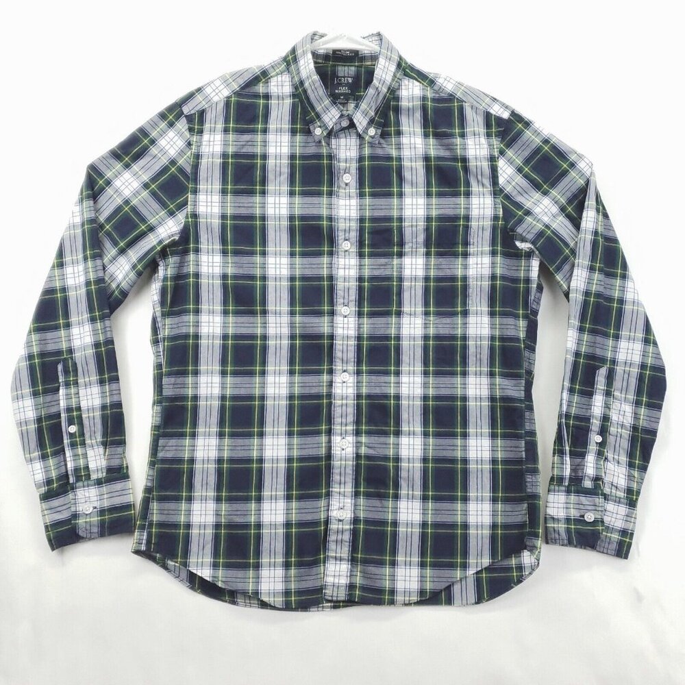 J Crew Shirt Men Medium Blue White Plaid Flex Washed Stretch Classic Button-Down
